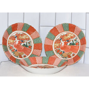 Arita Imari Peacock Porcelain Scalloped Coupe Porcelain Bowls - 3pc Set